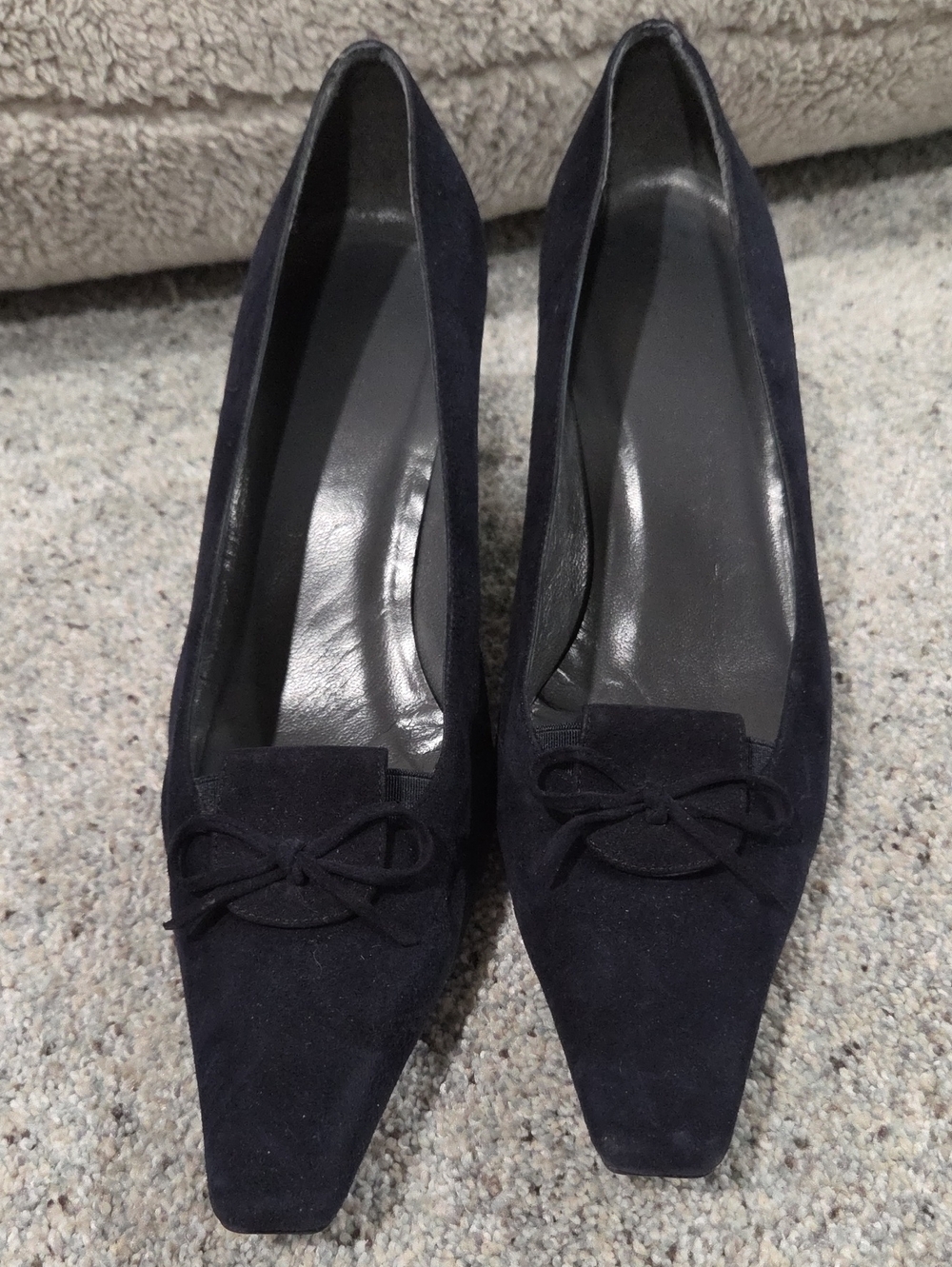 Stuart Weitzman Navy Suede Pointed-Toe Flats with Bow
